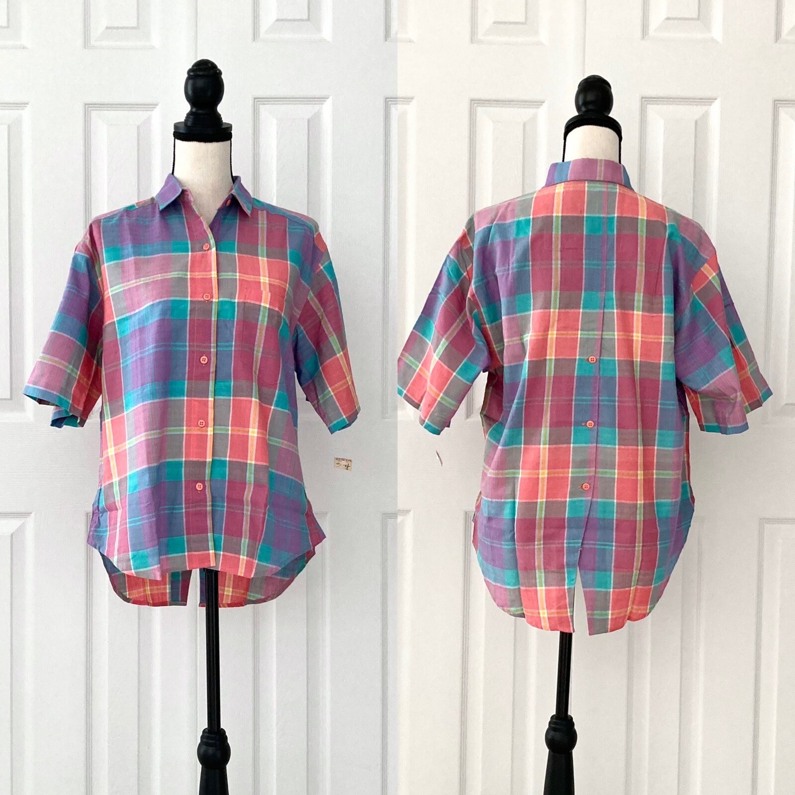 Vtg 80s Plaid Top Buttons Front Back Short Sleeve Preppy Dead Stock Modern M