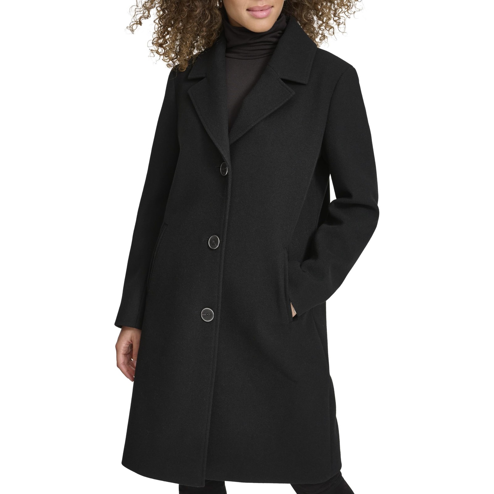 Kenneth Cole Women’s Notch Collar Fly Front Single Breasted Topcoat Large Black