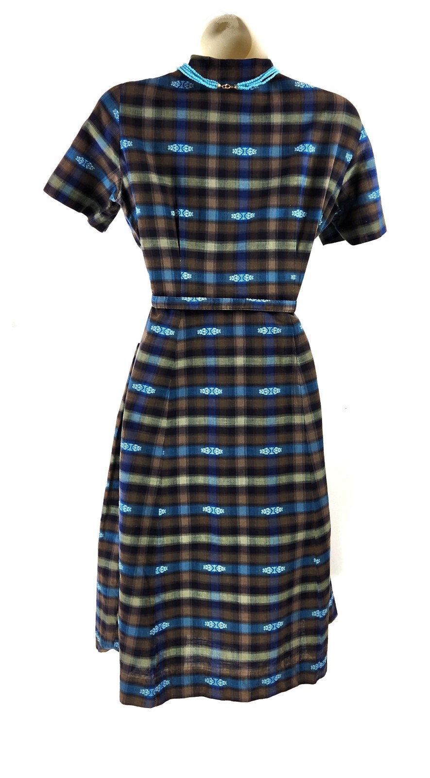 Vtg 1940s Cotton striped embroidery Day Shirt Dress Zip front pockets Belt W30″M