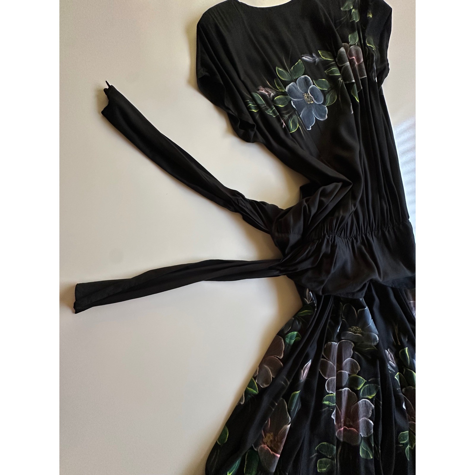 Phoenix Vintage Hand Painted Floral Black Midi Dress Shoulder Pads Tie Waist OS