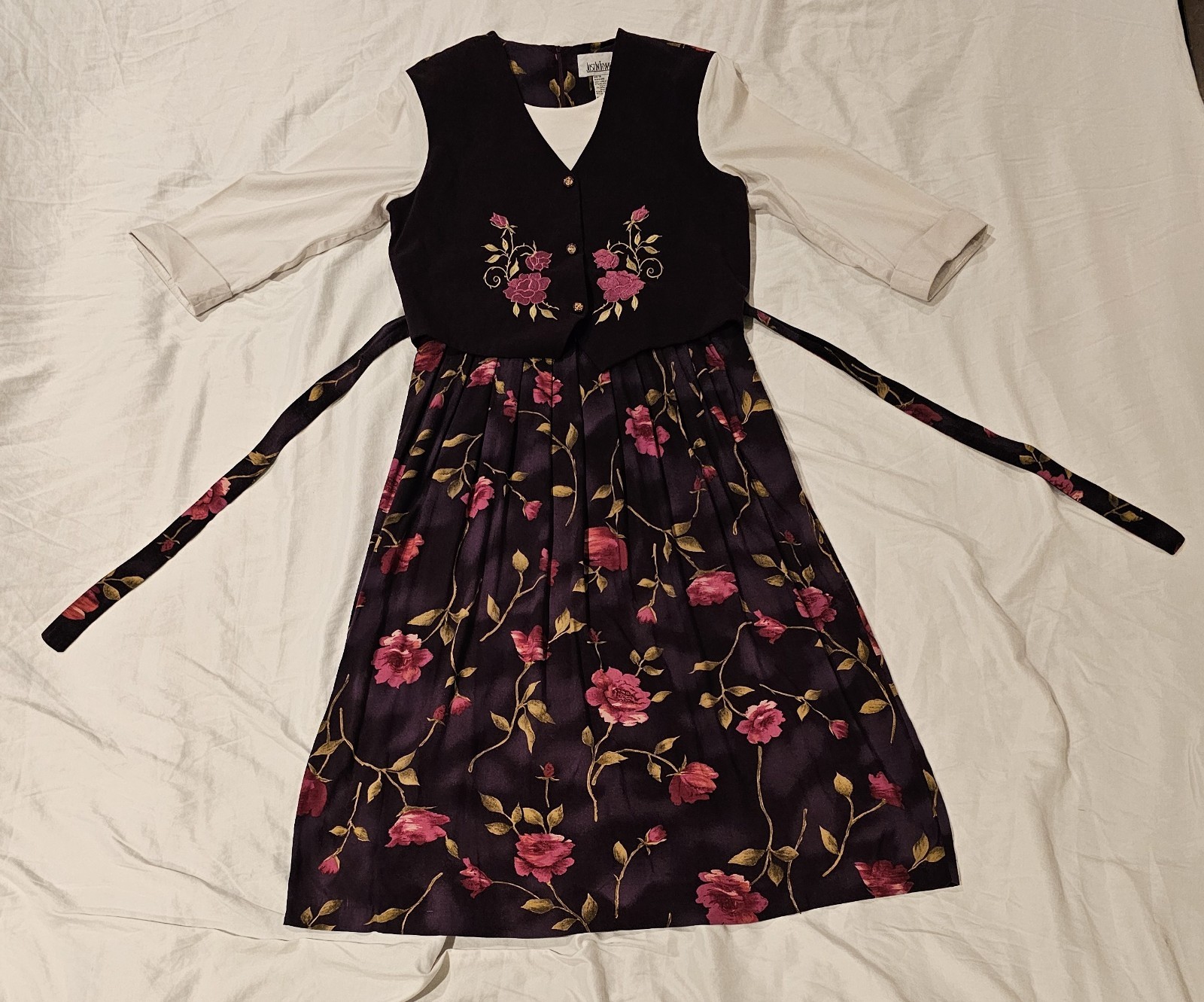 VTG Just In Thyme Dress Purple Rose 80s 90s Tie Waist Vest Size 14 WHIMSIGOTH