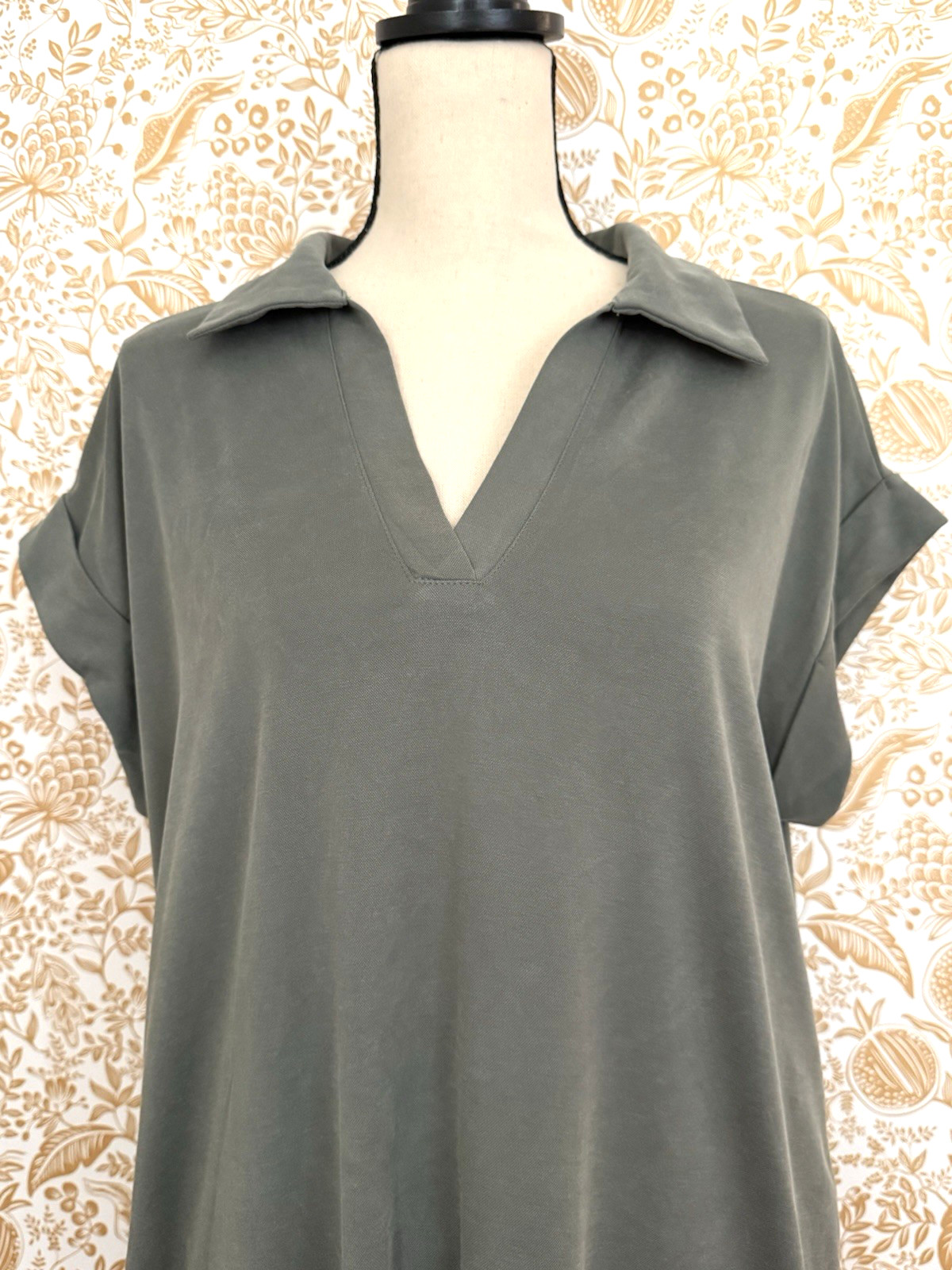 Ces Femme Women’s Olive Collared Oversized Midi Dress Size M Cuffed Sleeves Chic