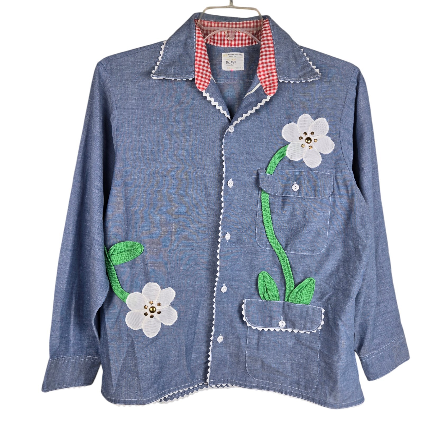 Vtg JC Penney Big Mac Blue Chambray Applique Flower Pot 2 Sided Button Blouse M
