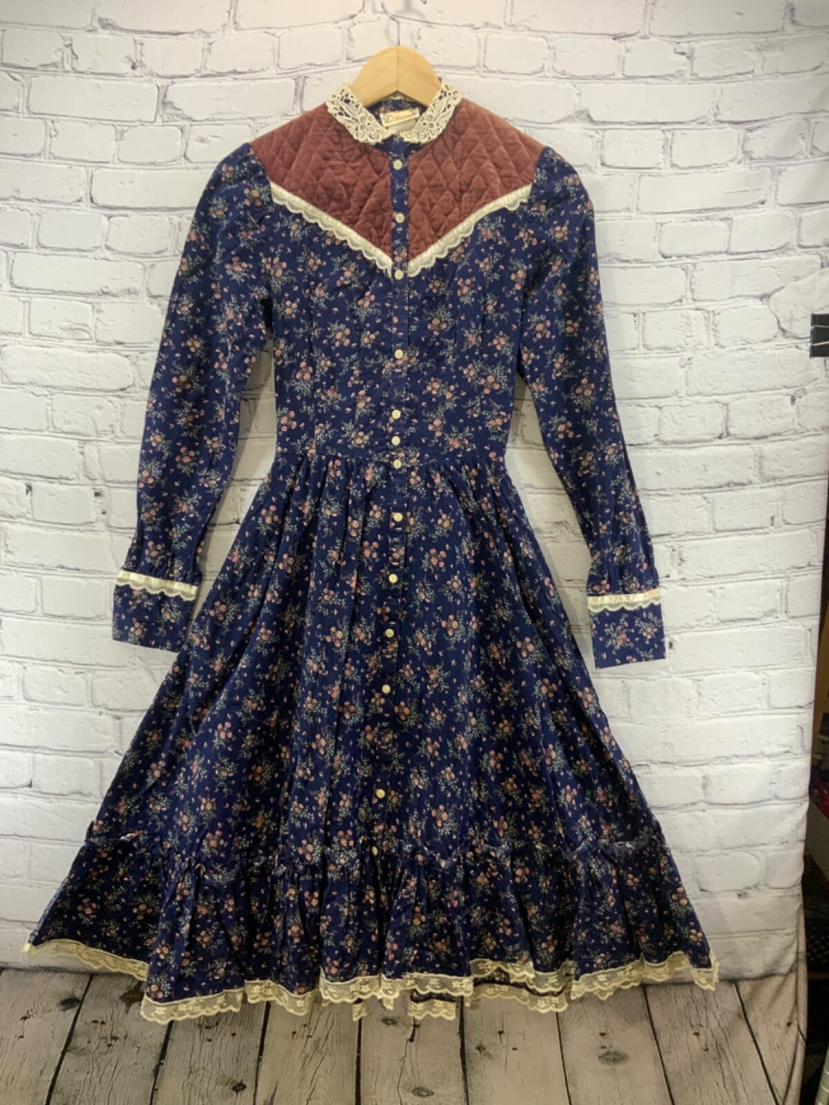 Gunne Sax Dress Vtg 70’s Prairie Cottagecore Blue Floral Romantic Lace XS Jr 5
