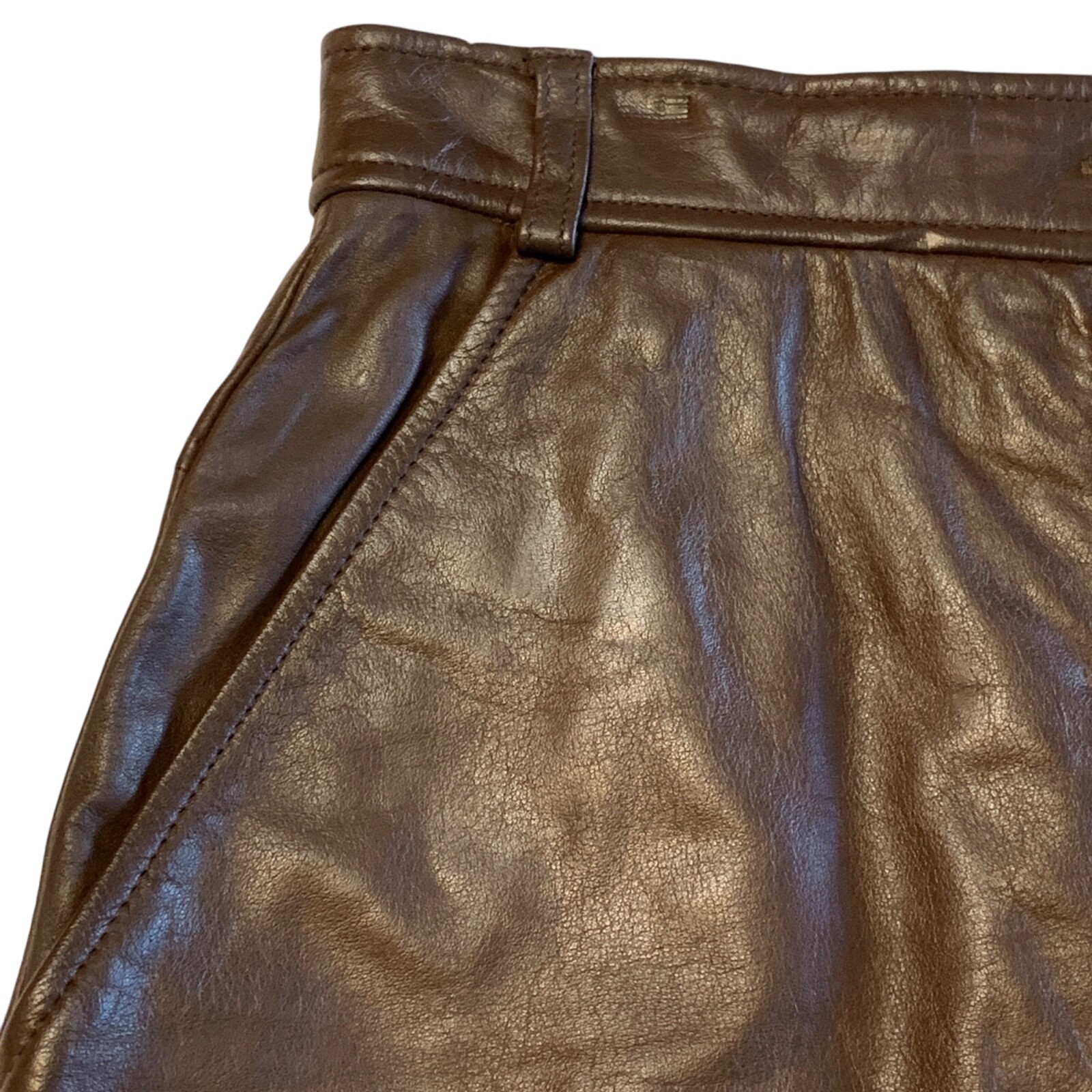 Vintage 80s Brown Leather Skirt Size 8 Zip Up Pockets Straight Lined Knee Length