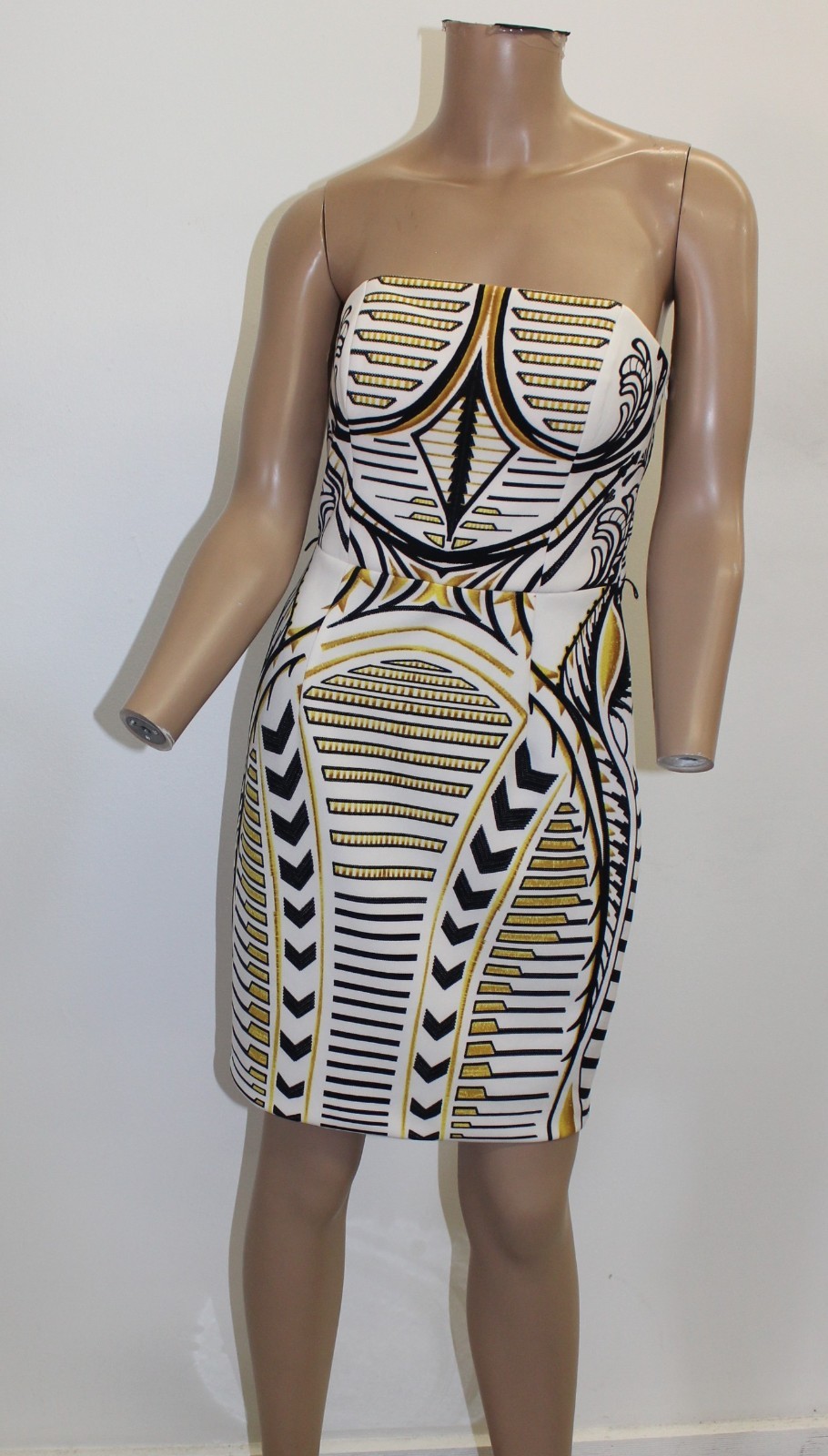 Boston Proper Strapless Mini Dress w White Black & Gold Pattern Size 6