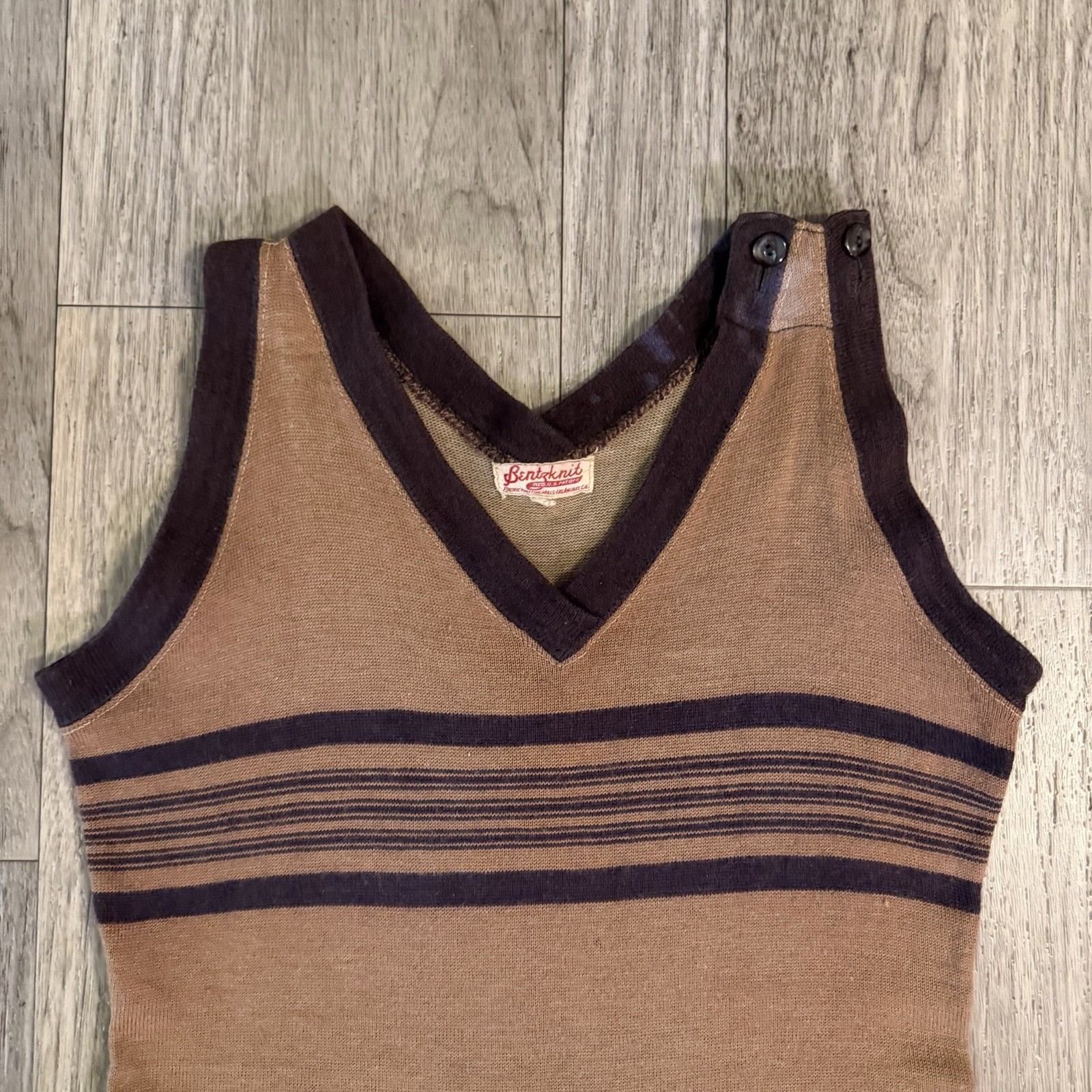 Vintage 1920s Bentzknit Wool Swimsuit Antique Bathing Suit Womens Brown Striped