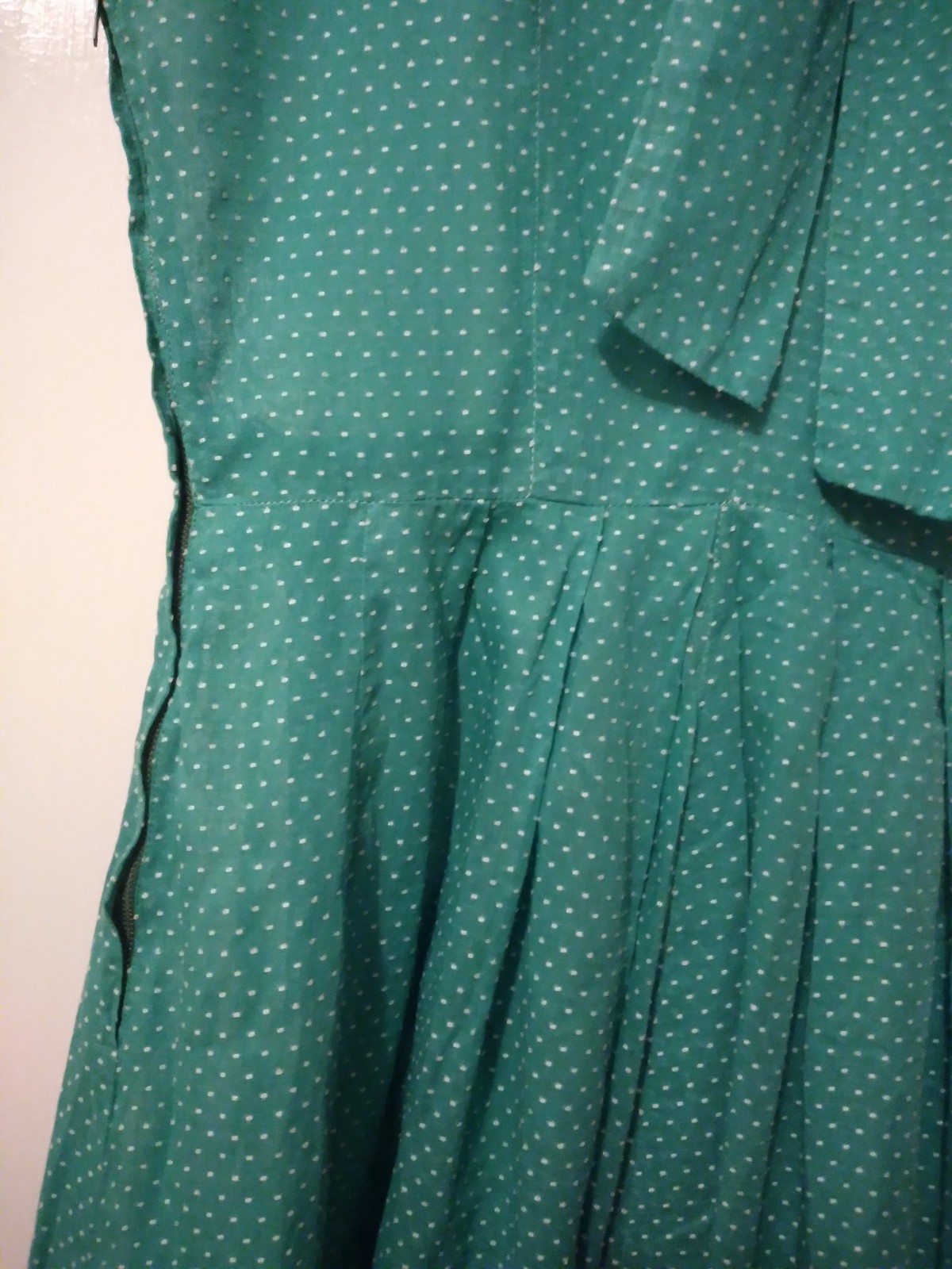 Vintage Dress 50s 60s Swiss Dot Green Pussy Bow Xs Semi Sheer Cotton Fit Flare