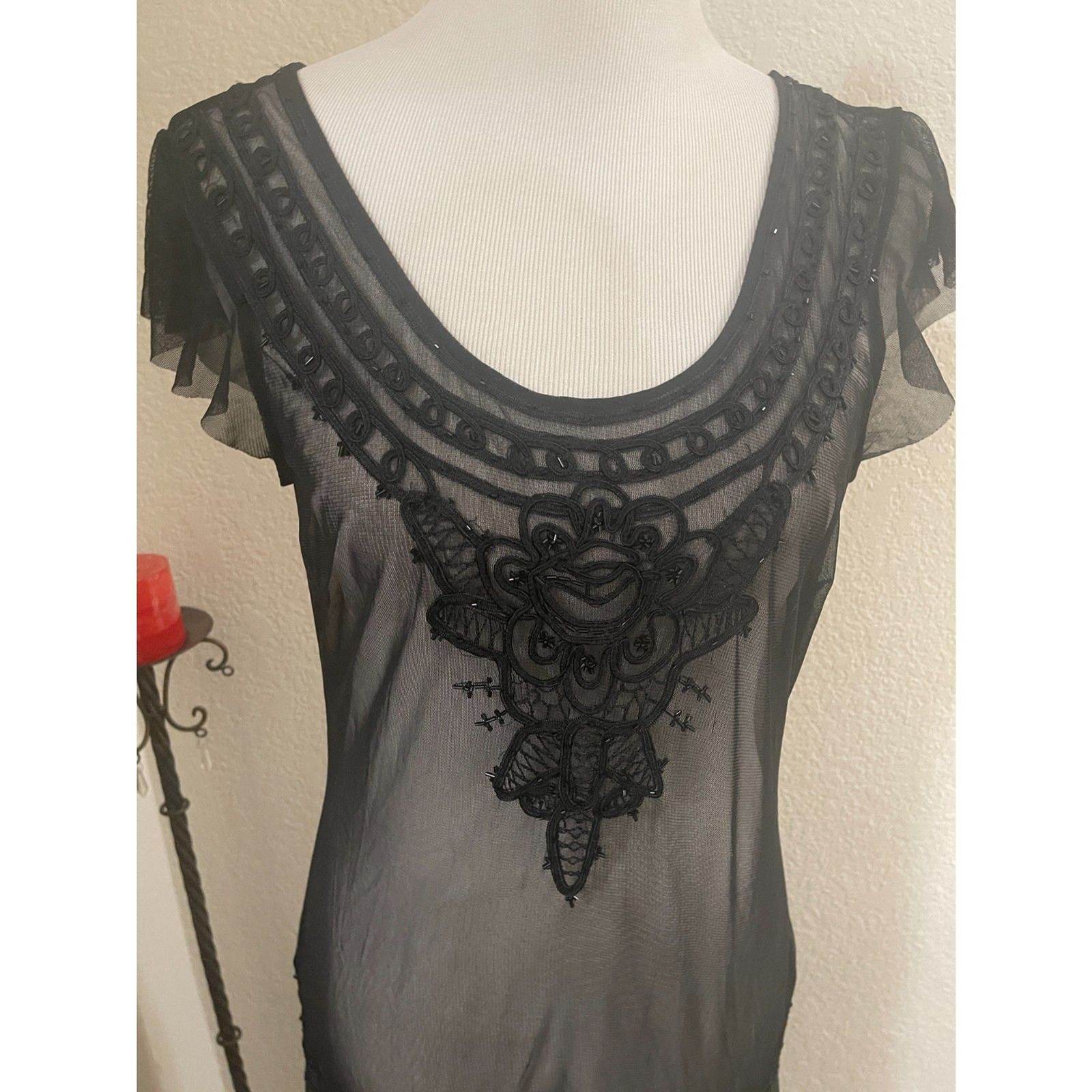 Antique 1920s Black Net Dress Hand Beaded & Sequins Flower Tiered Maxi vintage M