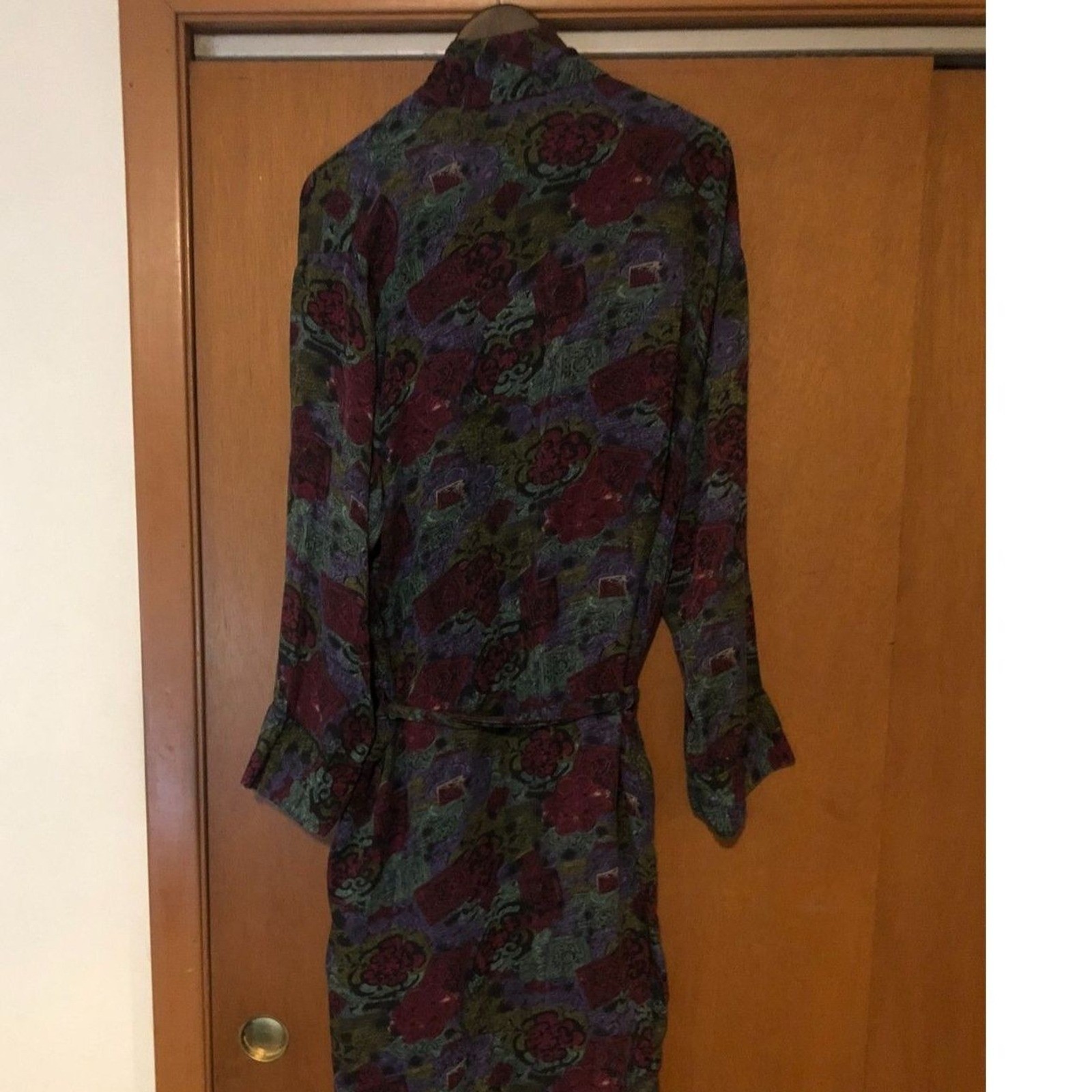 Vintage Neiman Marcus Abstract Floral Robe Burgundy Teal Purple Wrap Tie Waist
