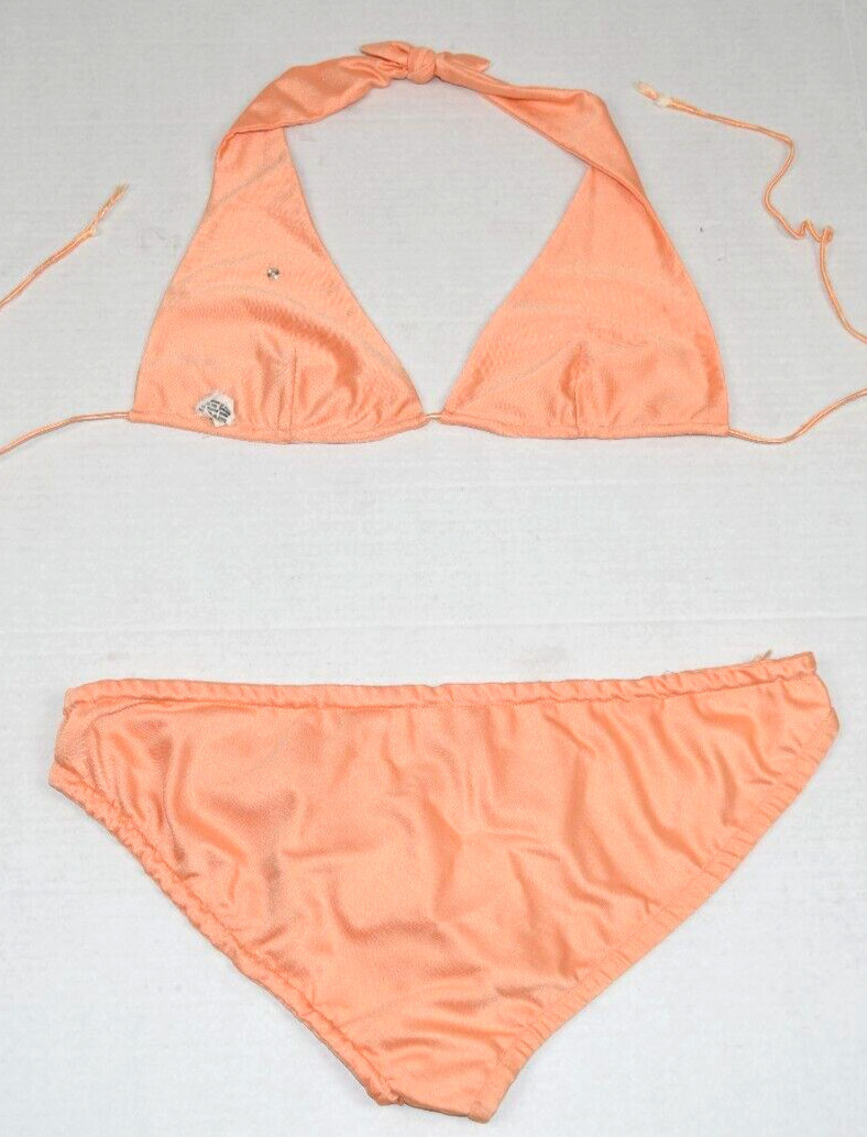 Vintage Shirt Bikini 3 Piece Set Size S/M 70s Melon Orange Bedazzled Silky