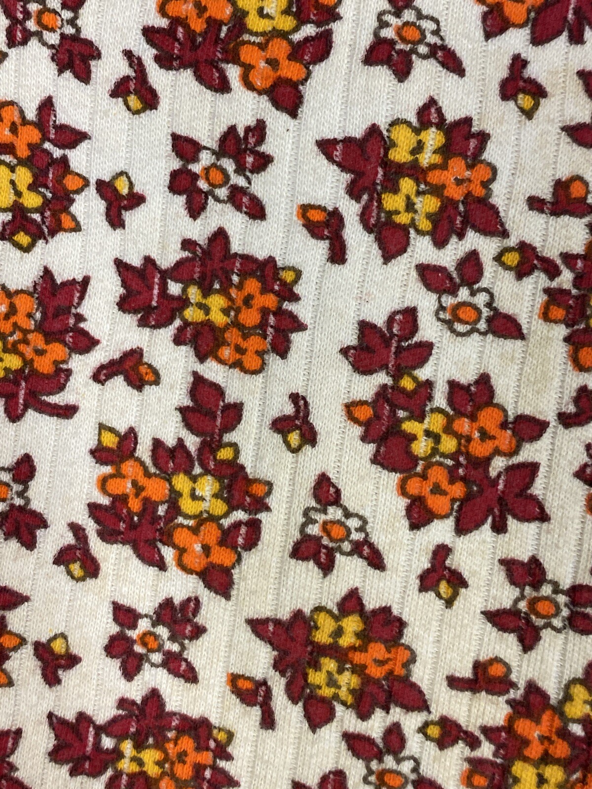 Vintage 1970 Shirt Floral 8 1/2” Sleeve Back Zip Hippy Cropped Ribbed Material