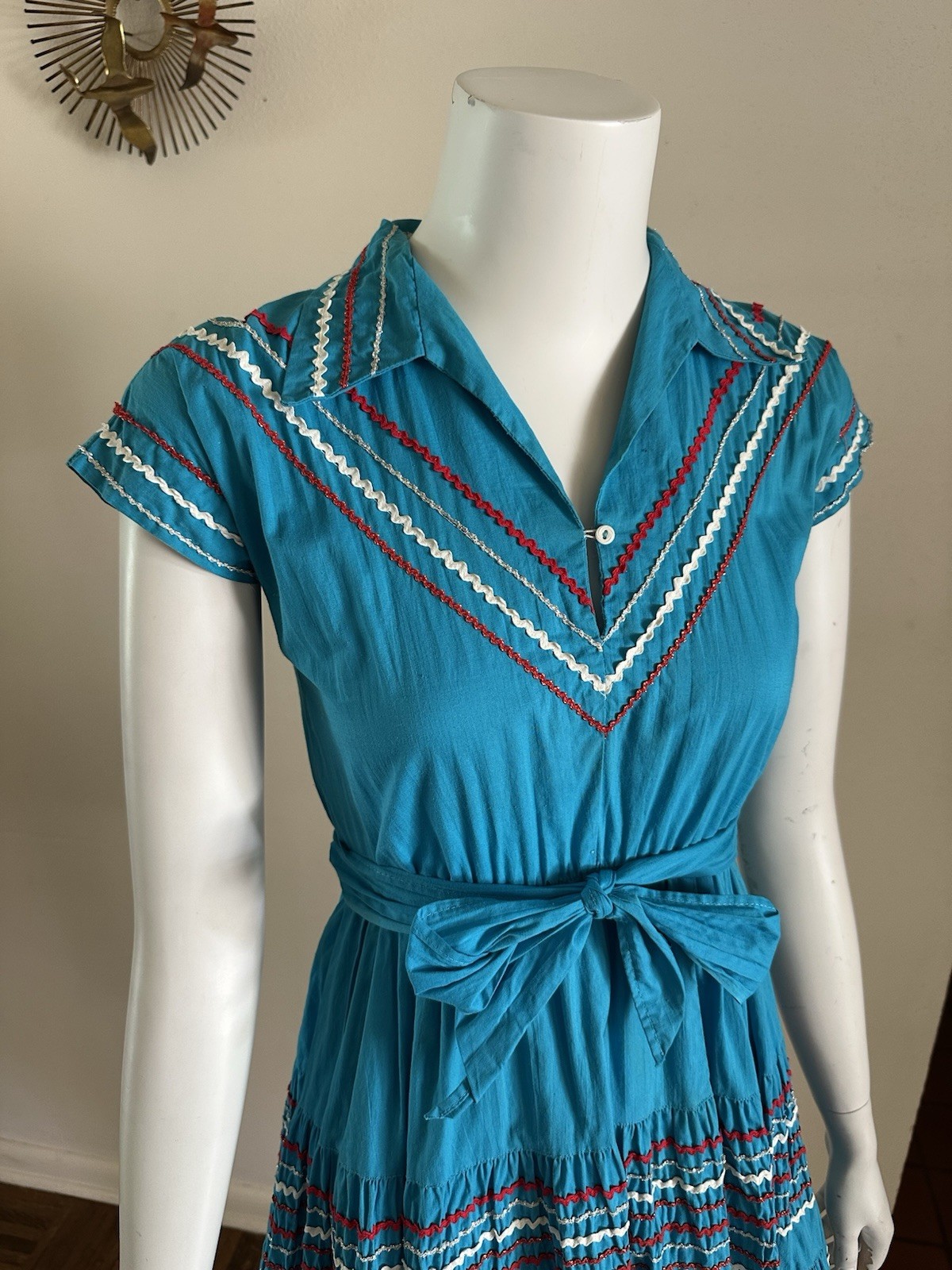 1950s Patio Dress Micro Mini Ric Rac Trim Southwestern Cotton Western Fiesta VTG