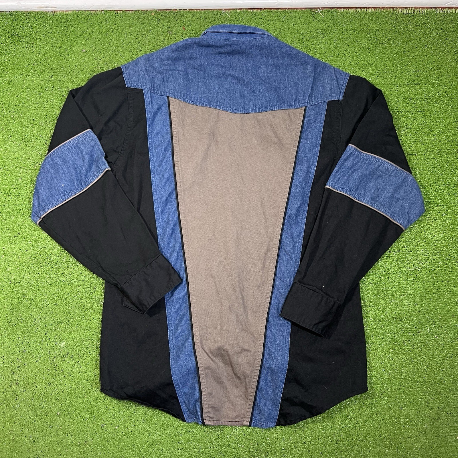 Vintage Western Shirt SM Canvas Denim Button Up Color Block Bull Rider Logo 80s