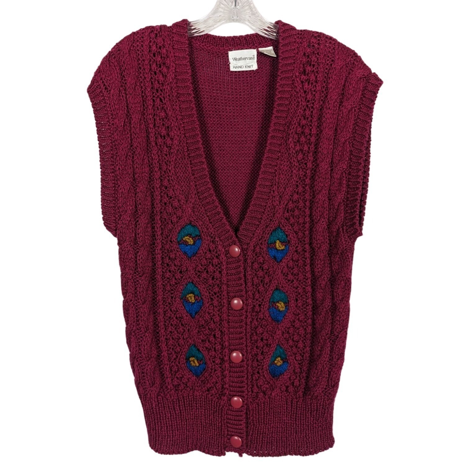 Weathervane hand knit Vintage Burgundy Blue Sleeveless Cardigan Size Large
