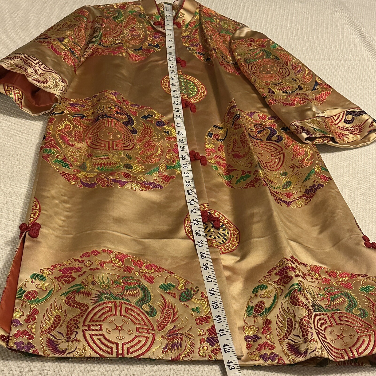 Vintage Park Seoul Korea Brocade Silk Robe Coat Dragon Phoenix Gold Womens 14