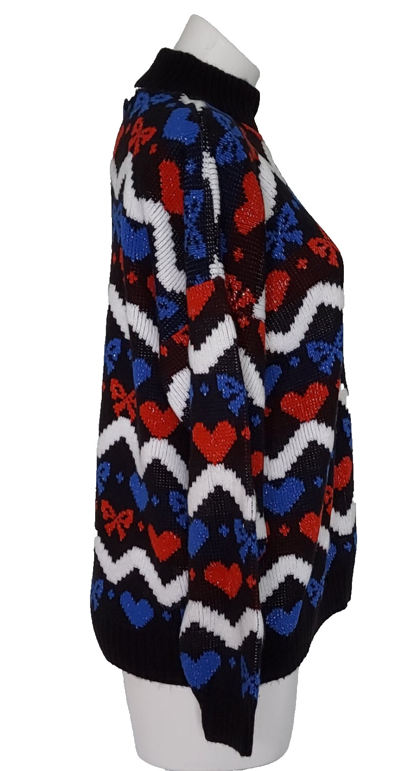 Vintage 1980s Chava! Hearts and Bows Zig Zag Striped Mock Turtleneck Sweater USA