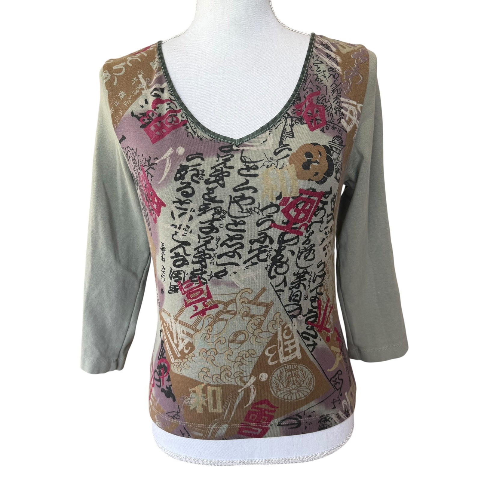 City Lights Vintage Graphic Lace Up Back Top Sage Green Large