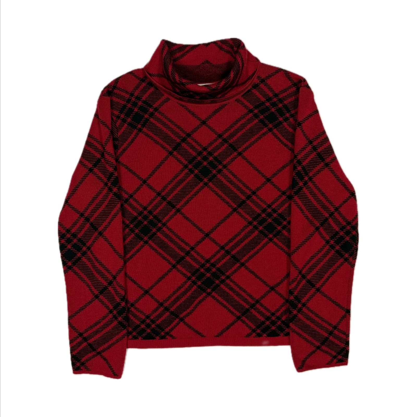 Vtg Talbots Italy merino wool black red plaid turtleneck sweater womens medium