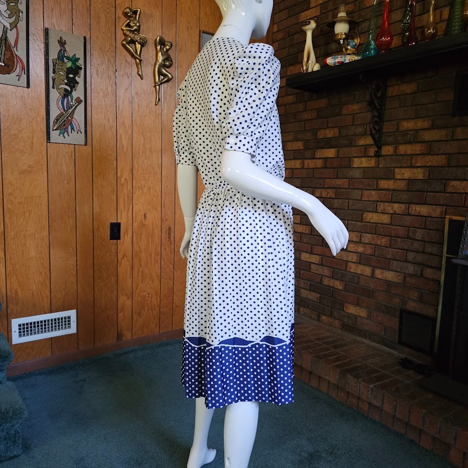 Vtg 80s Polka Dot Preppy Secretary Shirtwaist Blouson Modest Office Dress M/L