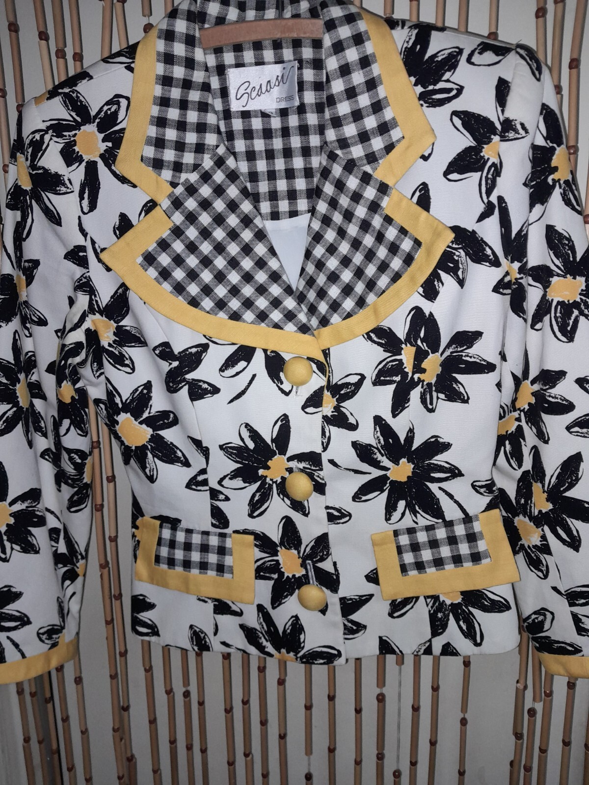 Vtg 80s 90s ARNOLD SCAASI gingham DAISY 2 Tone Print Jacket Blazer Fran Nanny M