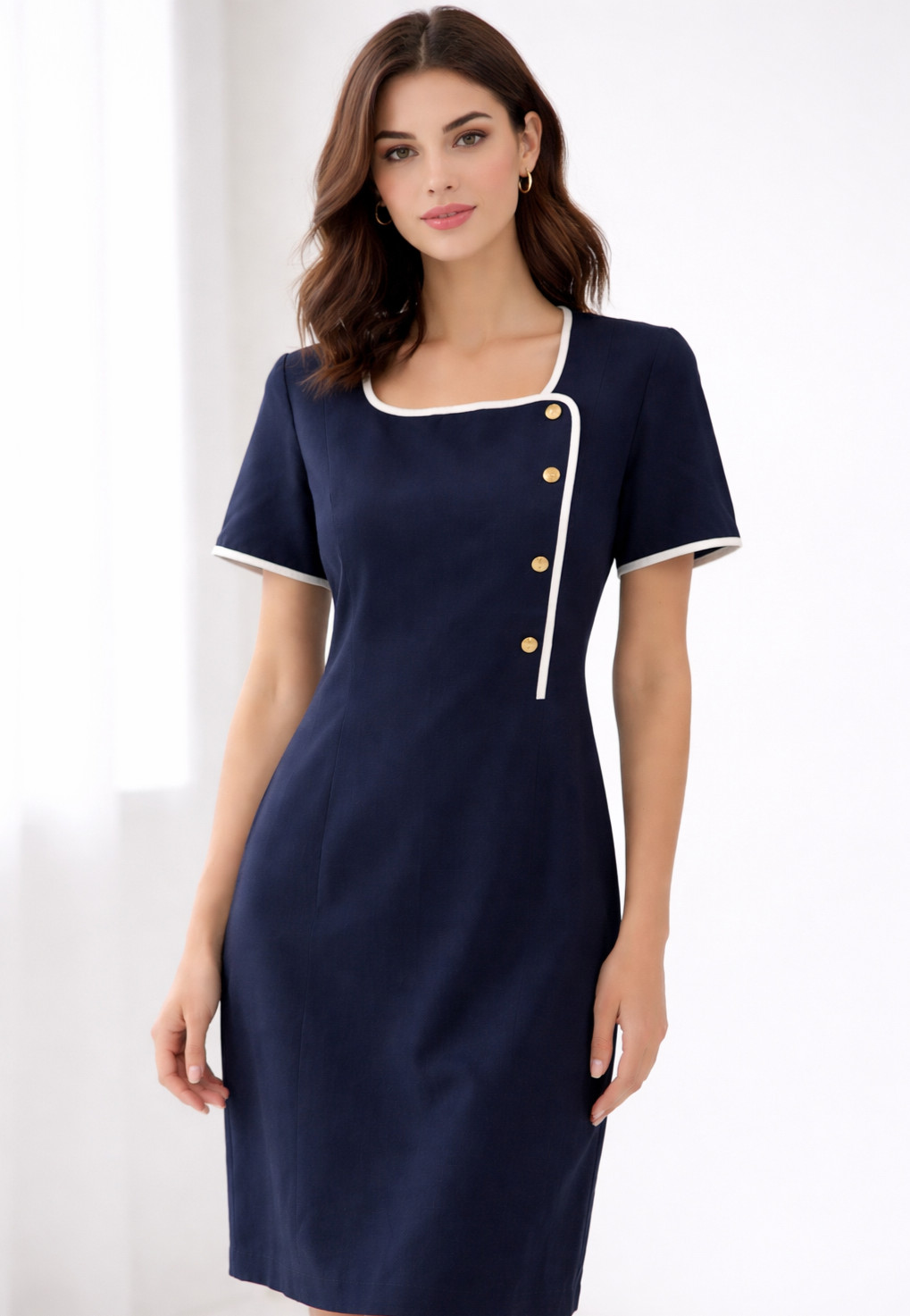 Vintage Navy Sheath Dress Petite 8 Union Made Gold Buttons White Trim Lined