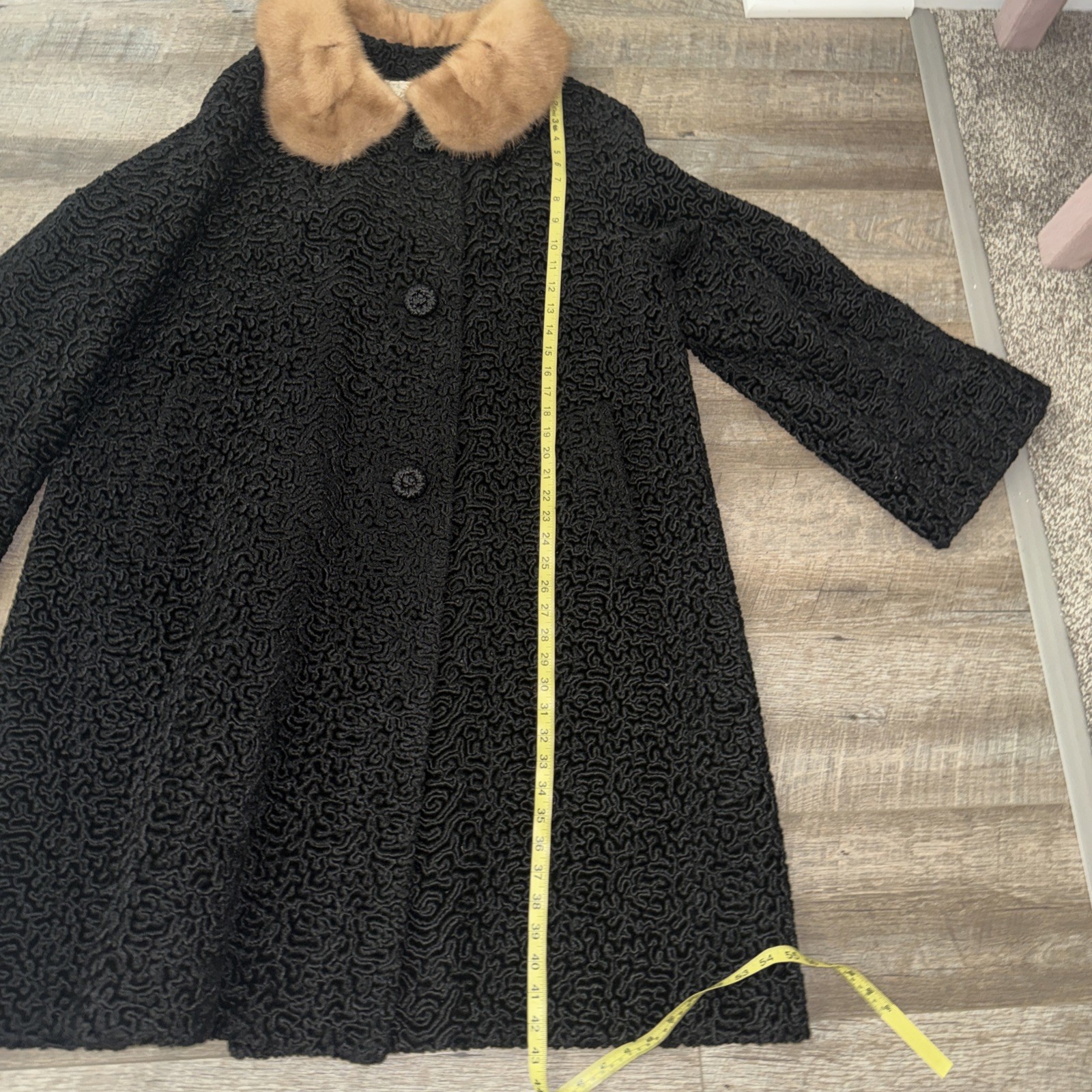 Vtg 50’s Astrakin Black Curly Persian Lamb Wool Swing Coat Mink Collar France L