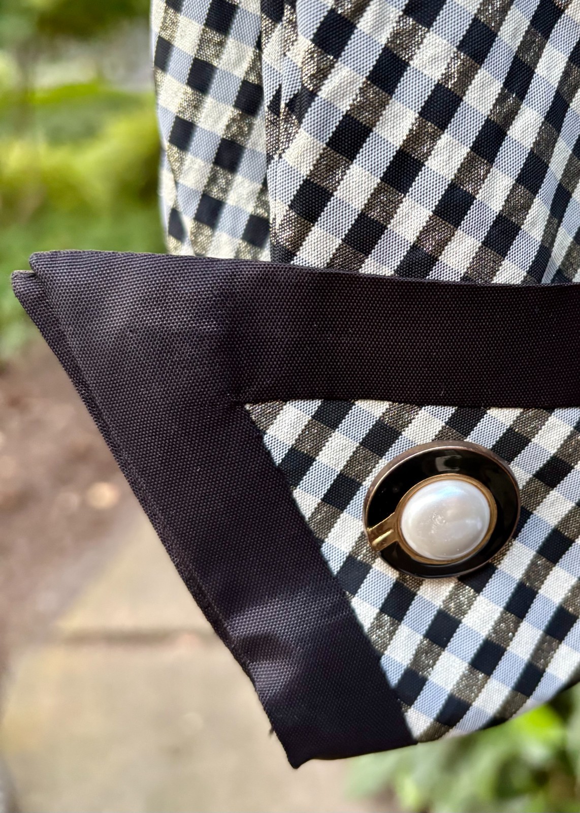 70s LESLIE FAY DRESS Petite 10 BLACK & WHITE Check TOP Notch COLLAR swirl SKIRT