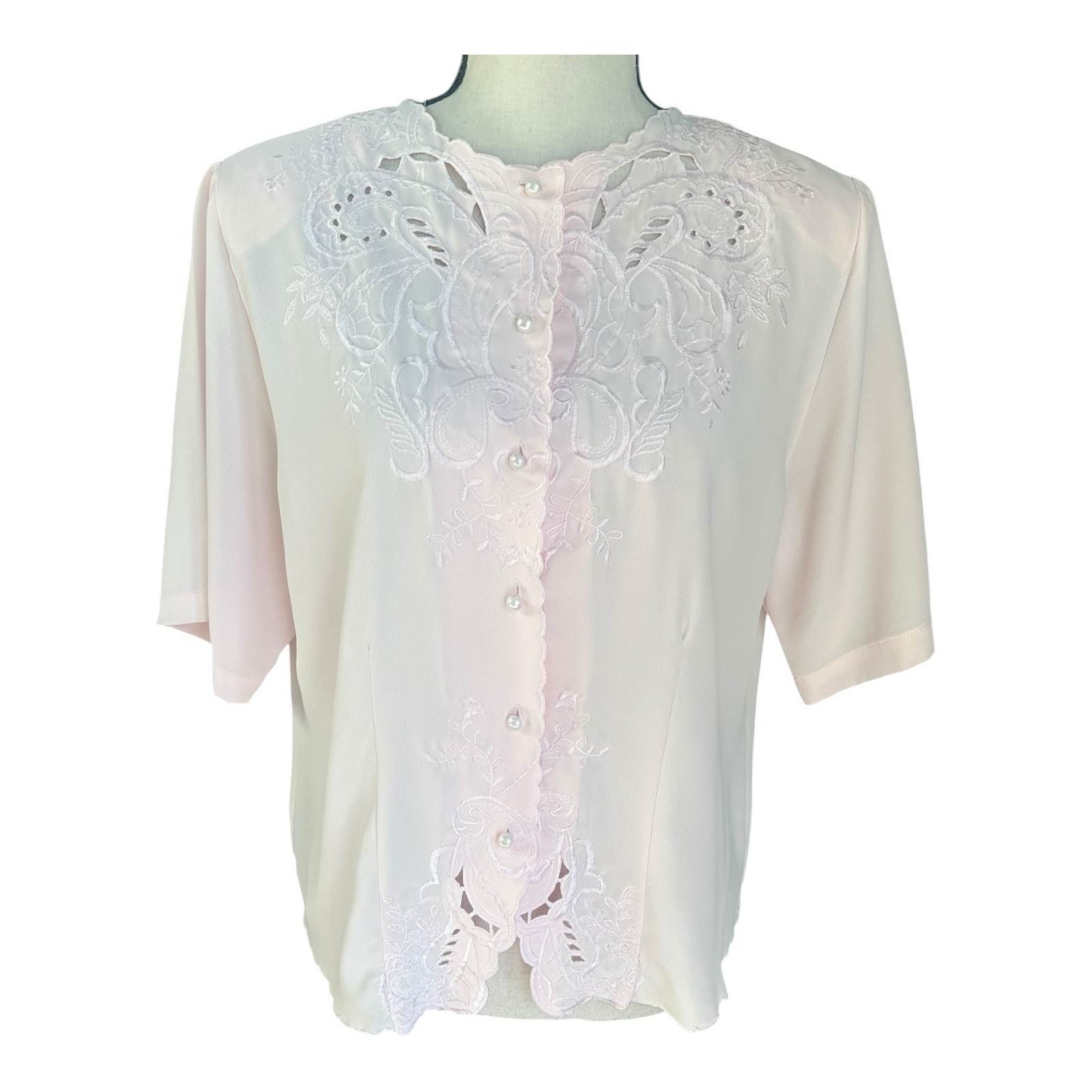 Vtg Christie & Jill Pink Embroidered Blouse Cottagecore Grannycore Lacecore