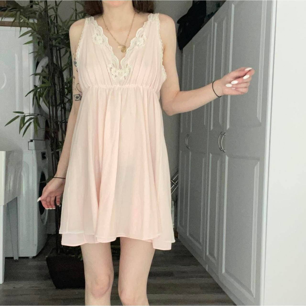 vintage light pink babydoll nighty slip dress with lace trim