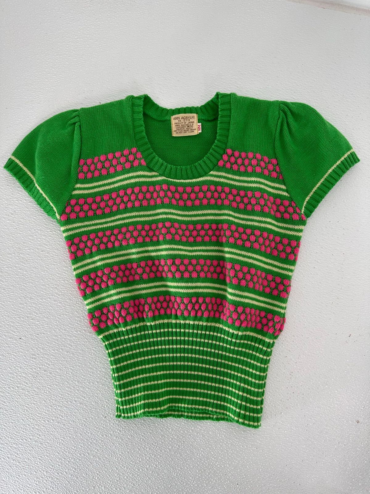 Vintage 1970s Cropped Green Pink & White Knit Short Puff Sleeve Disco Sweater