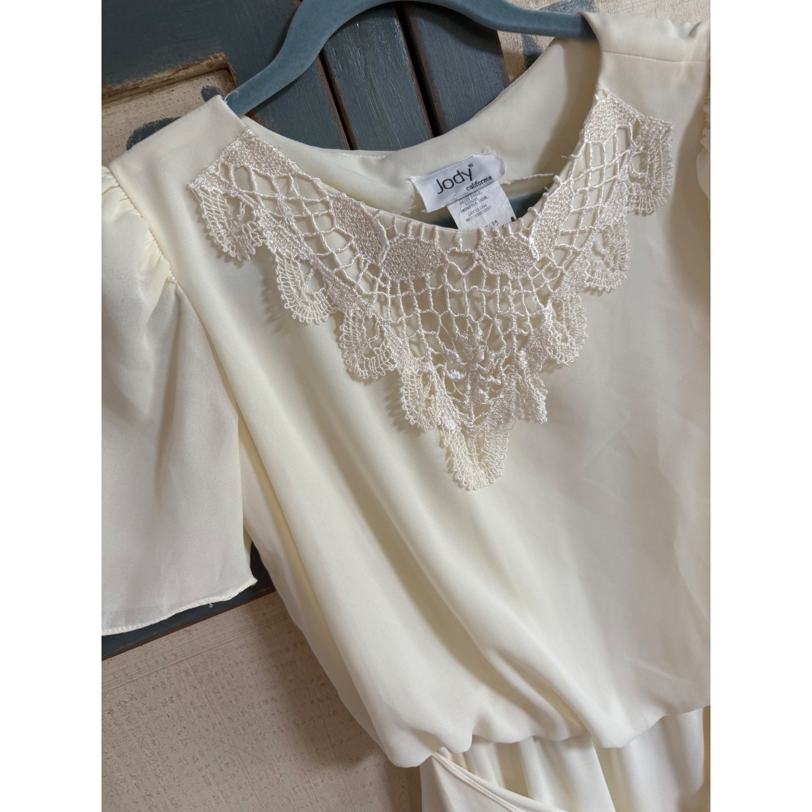 Vintage Jody California Cream Chiffon Crochet Lace Midi Dress Blouson 9/10 1980s