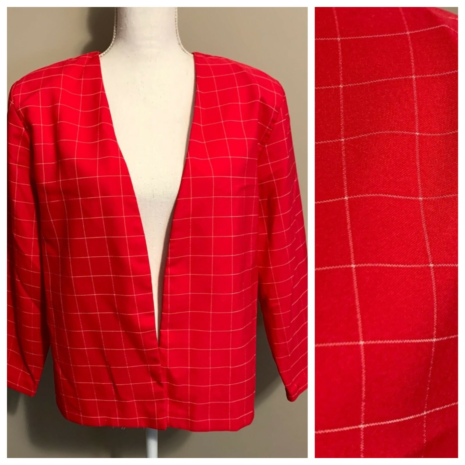 VTG Hot Pink White Windowpane Plaid Open Front Blazer Jacket 80s 90s Size 16