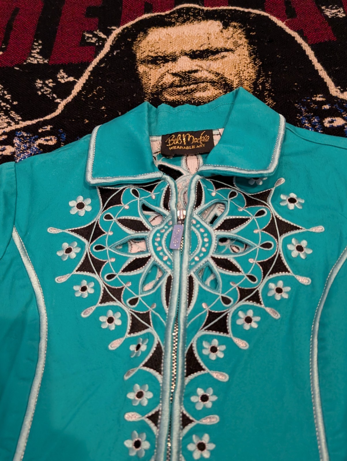 Vtg 90s Sz XS Jacket Coat Bob Mackie Wearable Art Western Turquoise