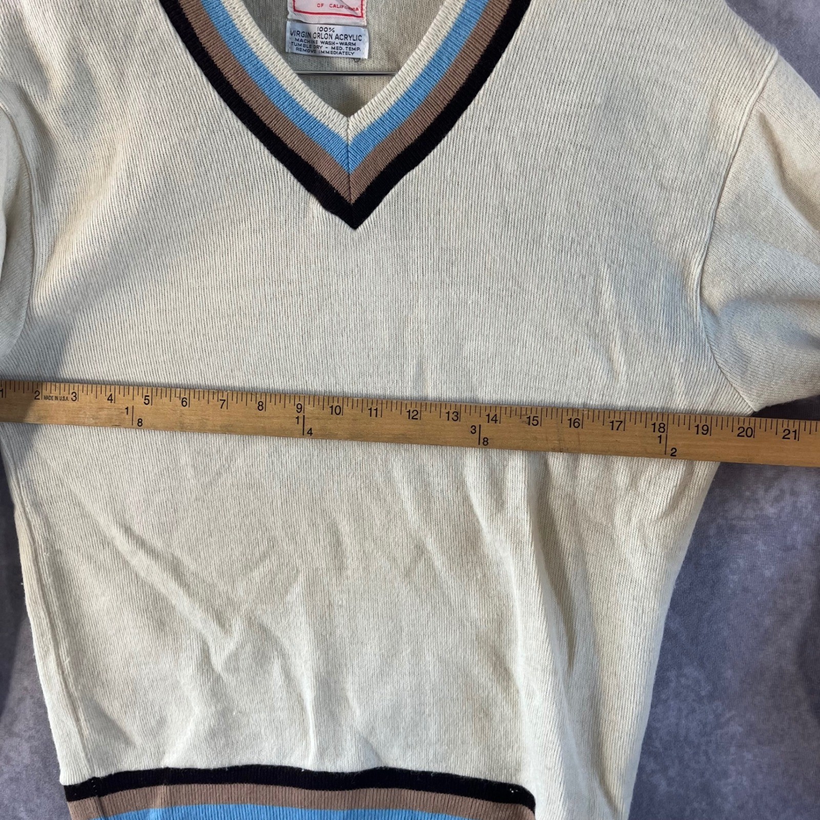 Cascade of California Sweater Women M Cream Blue Striped V-Neck 60s Vintage
