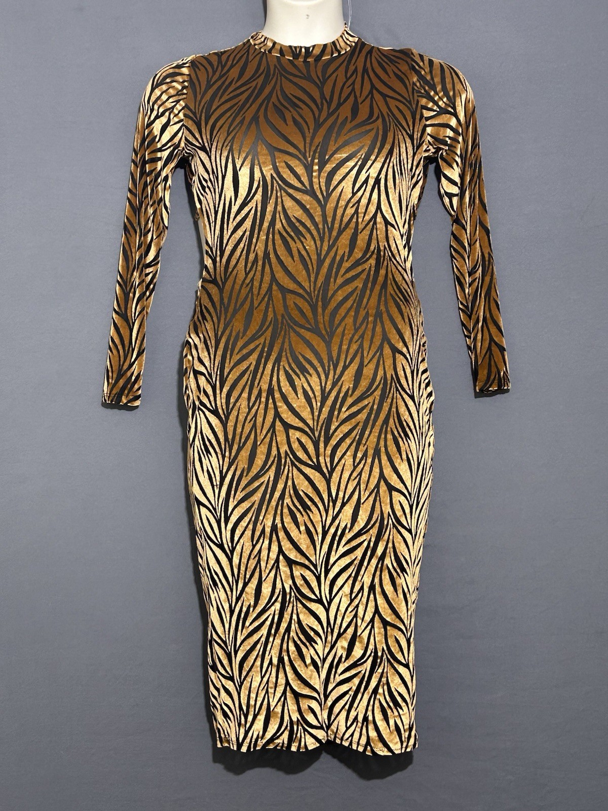 Vtg Velvet Burn Out Dress Sz Large Brown/Black Semi Sheer Cut Out Back Mob Wife