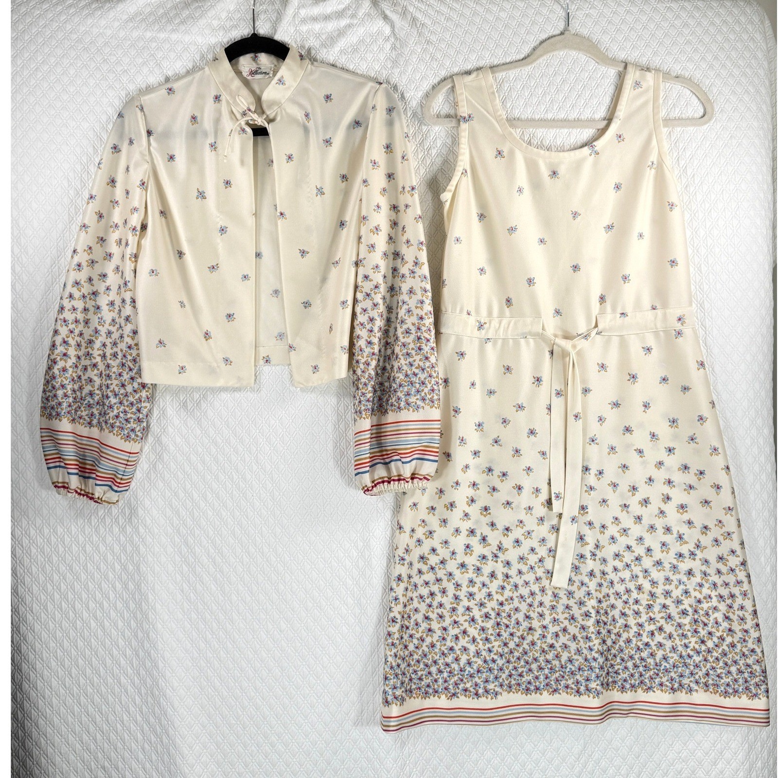 Vintage The Kollection Floral Midi Dress and Jacket Set Cream Blue Red 70s Style