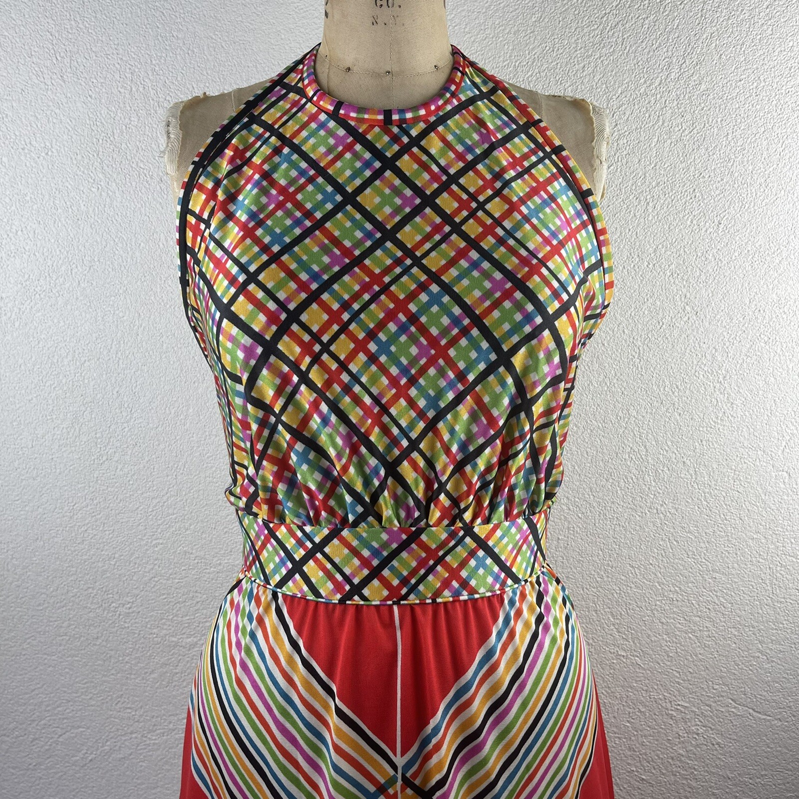 Vintage l 70s S Claire Larabee Colorful Rainbow Plaid Striped Halter Maxi Dress