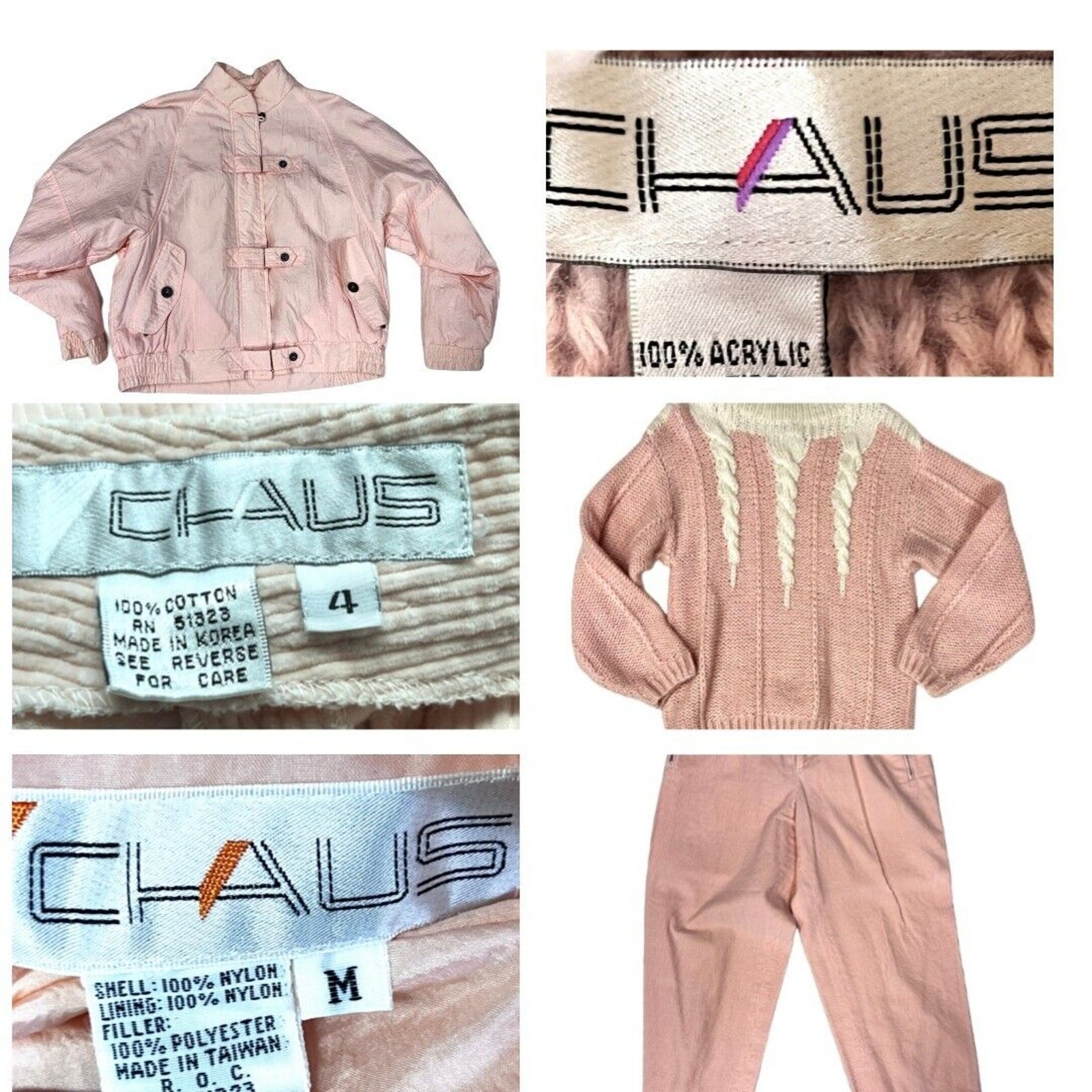 VTG 80s Chaus Ski Suit Pink 3Pc Nylon Jacket Sweater Pants Set S/M