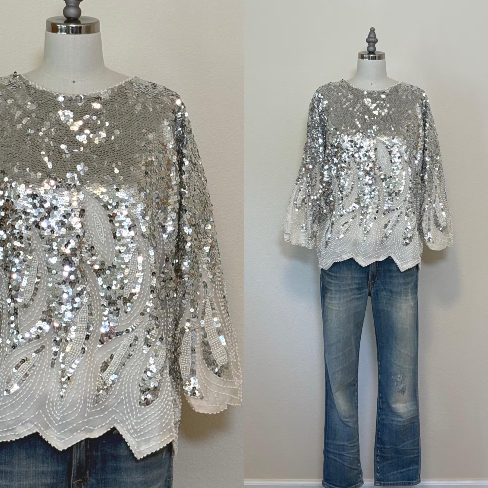 Vintage 80s Beaded Silk Top, White Silver Sequin Disco Tee, Sparkle Top