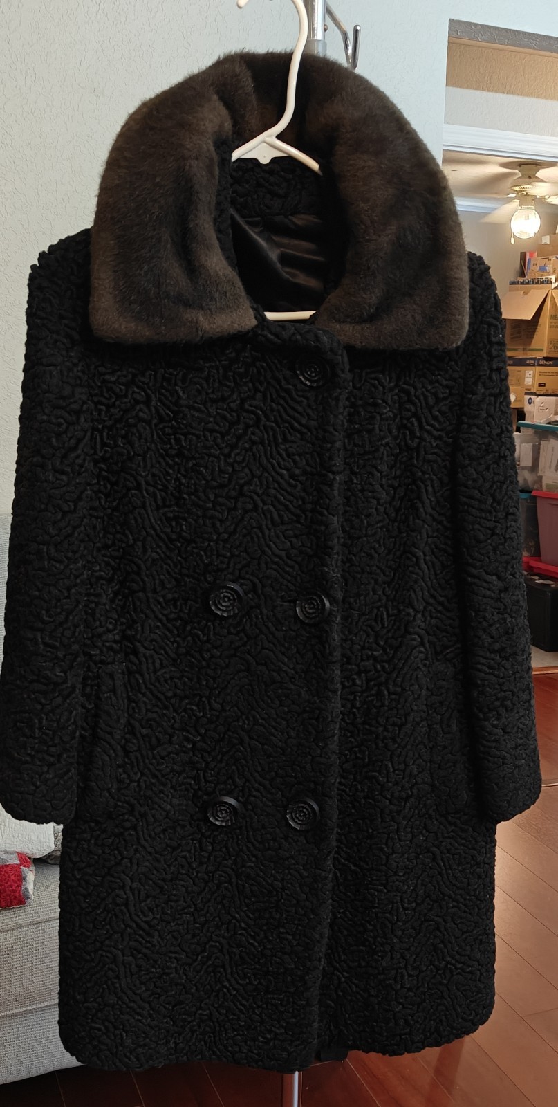 Vintage 1960s Persian Lamb Fur Coat Mink Collar Black Astrakhan ILGWU Modern Sm