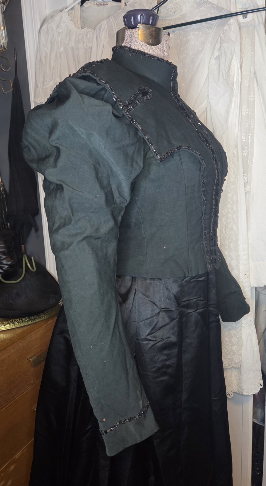 Deep Hunter Green Victorian Cotton Blend Bodice w/ Jet Black Bead Trim