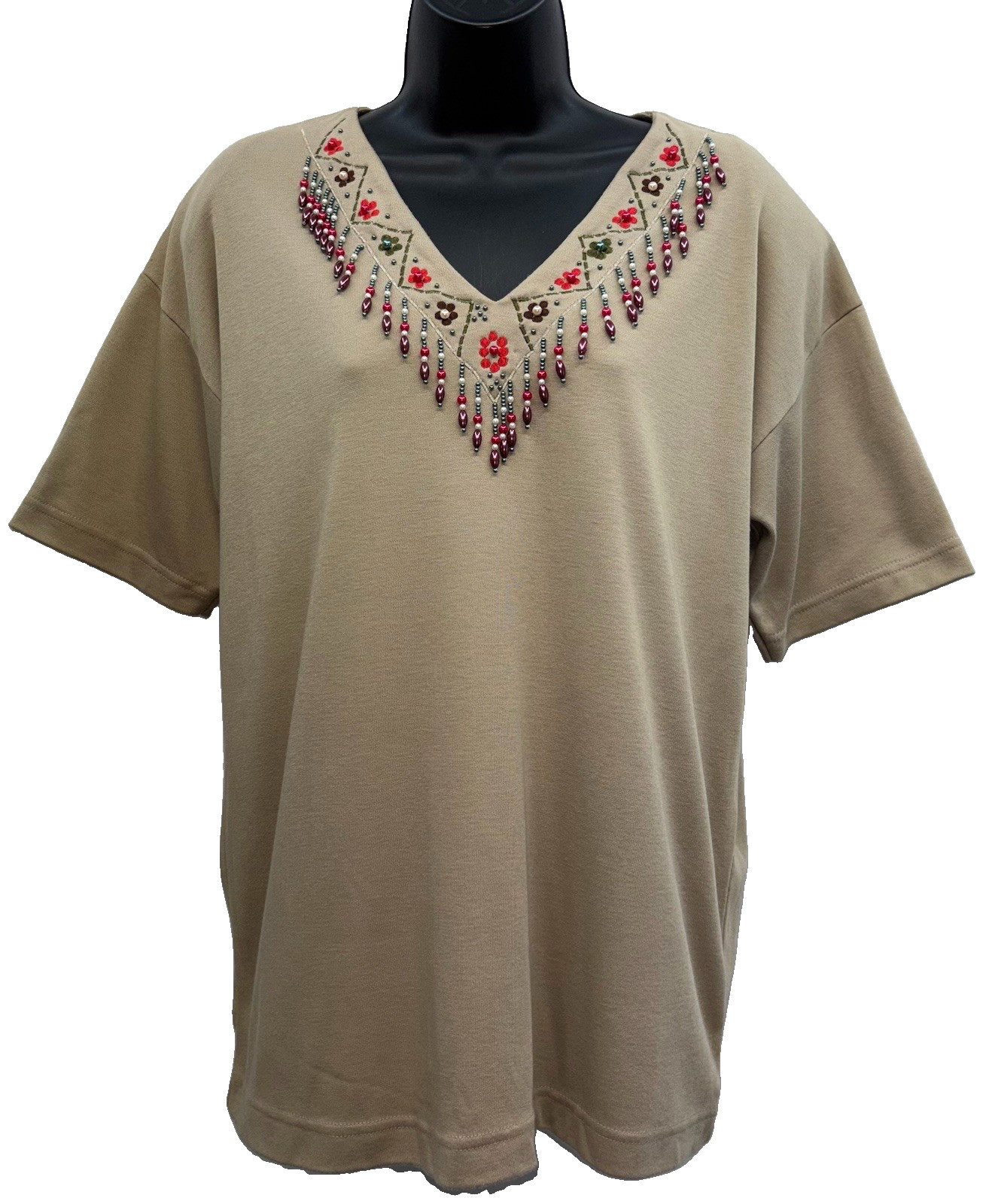 VTG Naomi Bee Women Size S Beaded Embroidered V-Neck Short Sleeve T-Shirt Tan