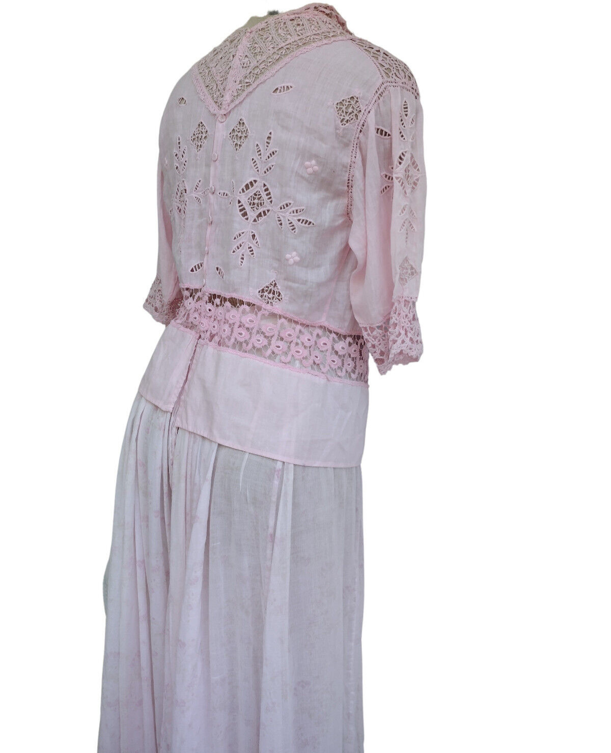 Antique Edwardian Victorian Pink Floral Bouquet Lace Prairie Maxi Dress Size S