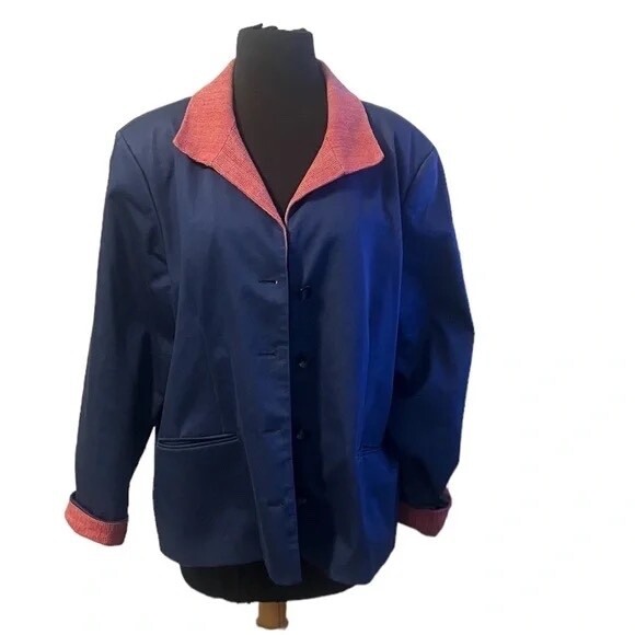 Bleyle Women’s Vintage Blue Collared Chore Coat With Red Collar, Size 18