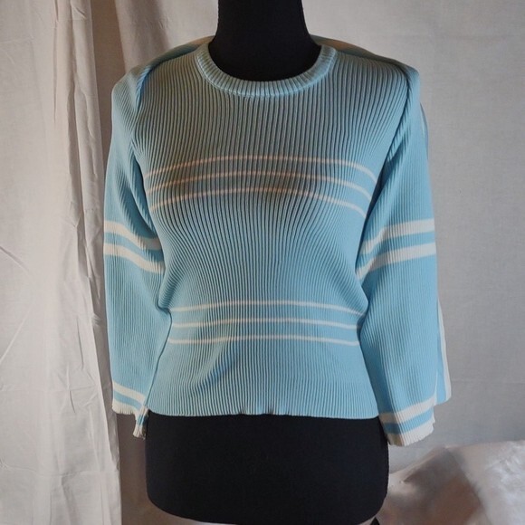 Vintage 70’s Light Blue w/White Stripes Short Sleeve Cardigan w/ Faux Tank – M