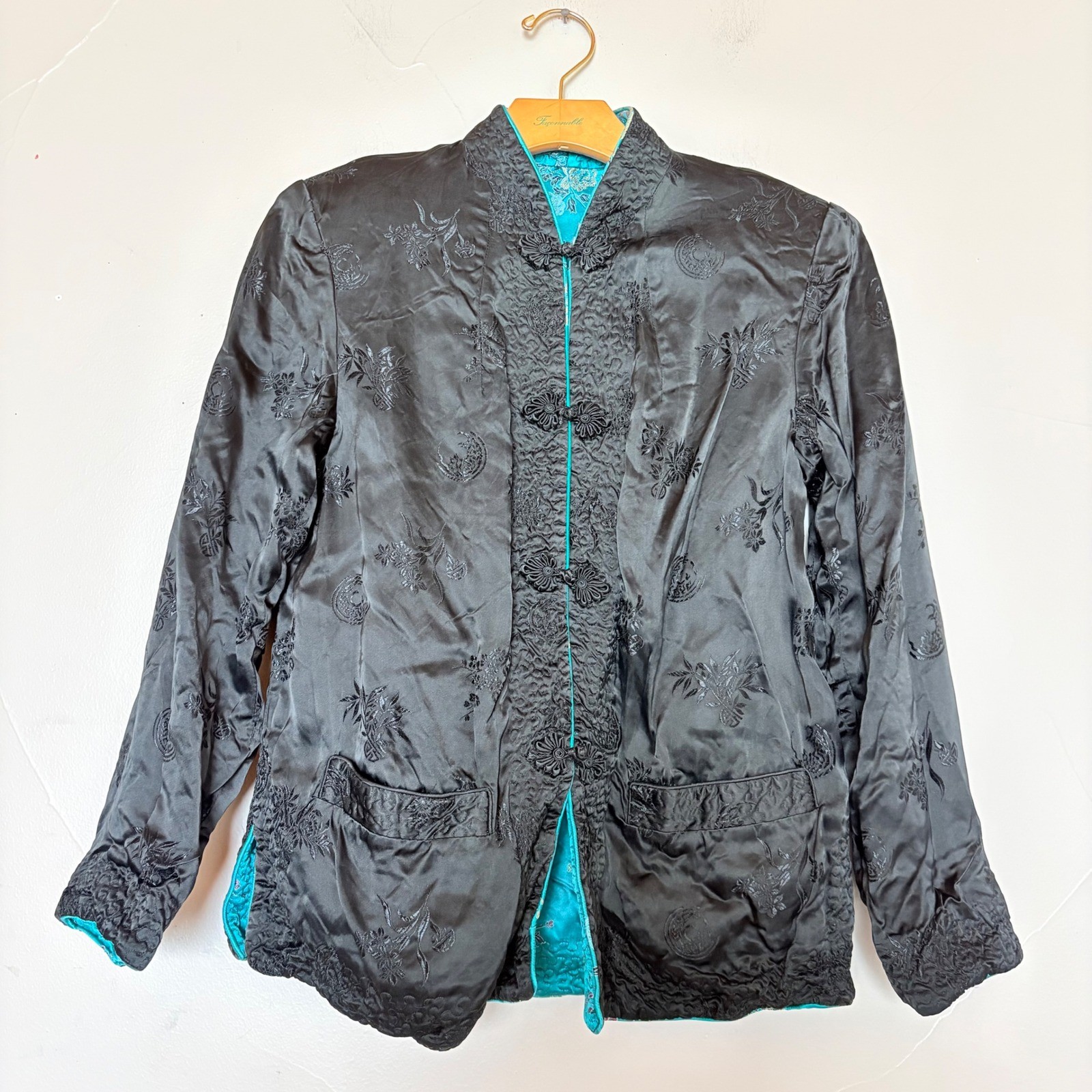 Vintage Reversible Satin Chinese Jacket Teal Black Embroidered Frog Buttons