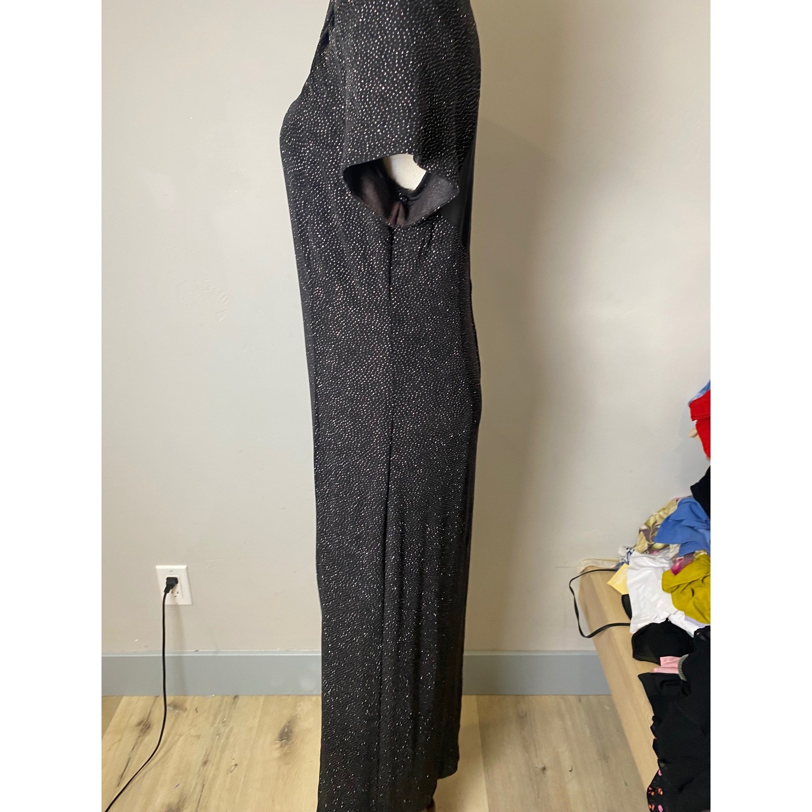 Night Way Collections Vintage Black Shimmer Mesh Cutout Maxi Dress Gown 90s
