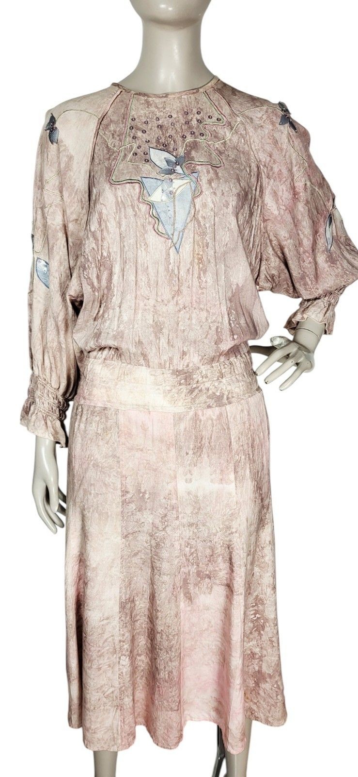 VTG 80s Marc D’Alcy Paris Hand Dyed Beaded Embroidered Floral Artsy Boho Dress