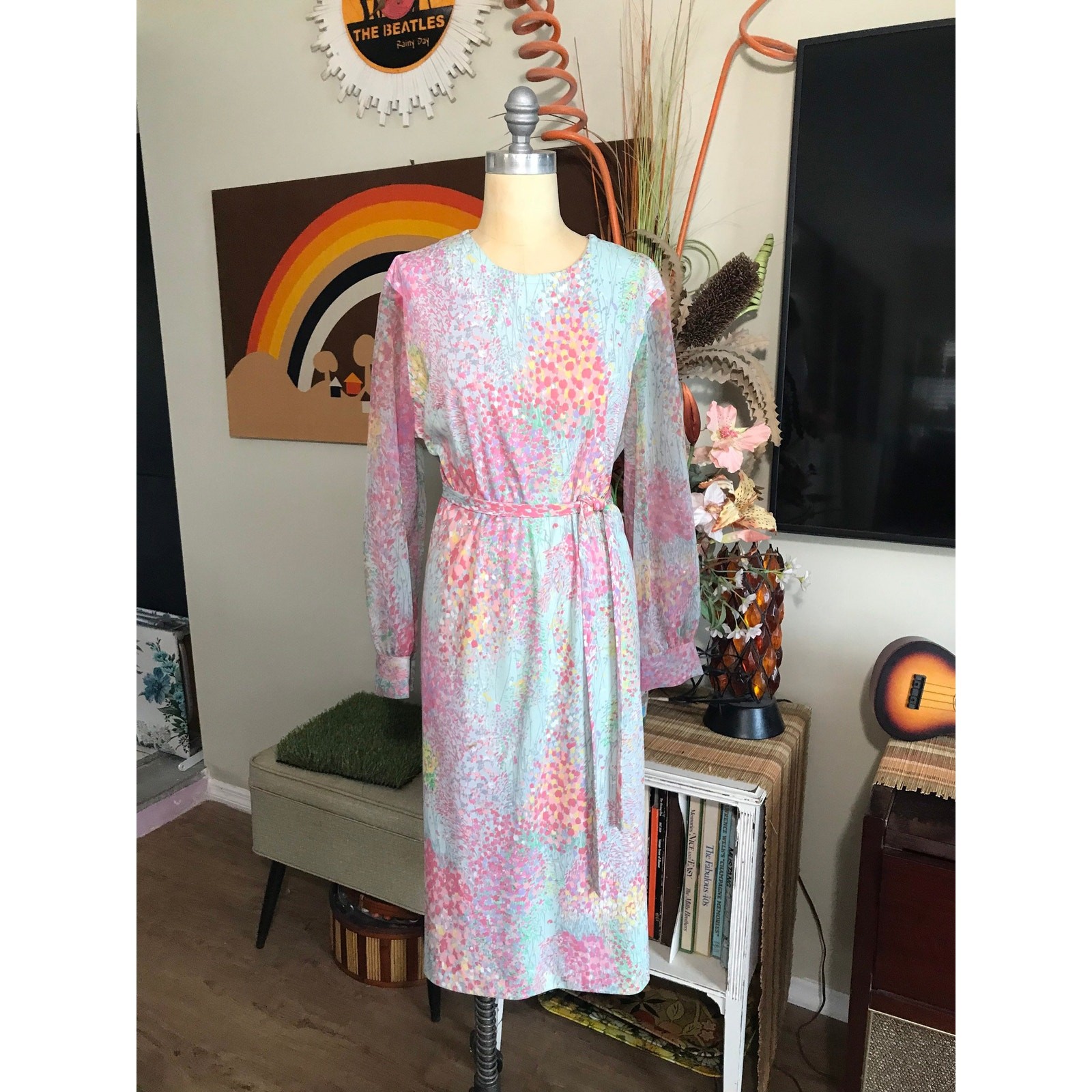 Vintage 1970s Mary Roberts Pastel Floral Dress with Detachable Chiffon Vest
